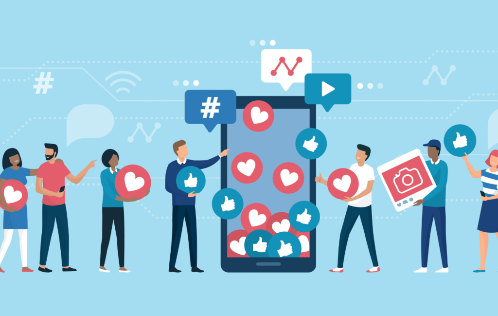 Illustrated people giving "likes" to a social media post on a phone