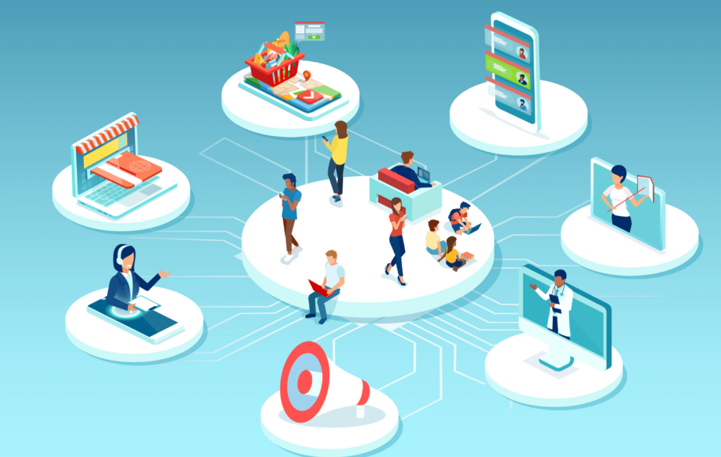 Illustration of a variety of people surrounded by retail objects such as a phone, grocery basket, and credit card