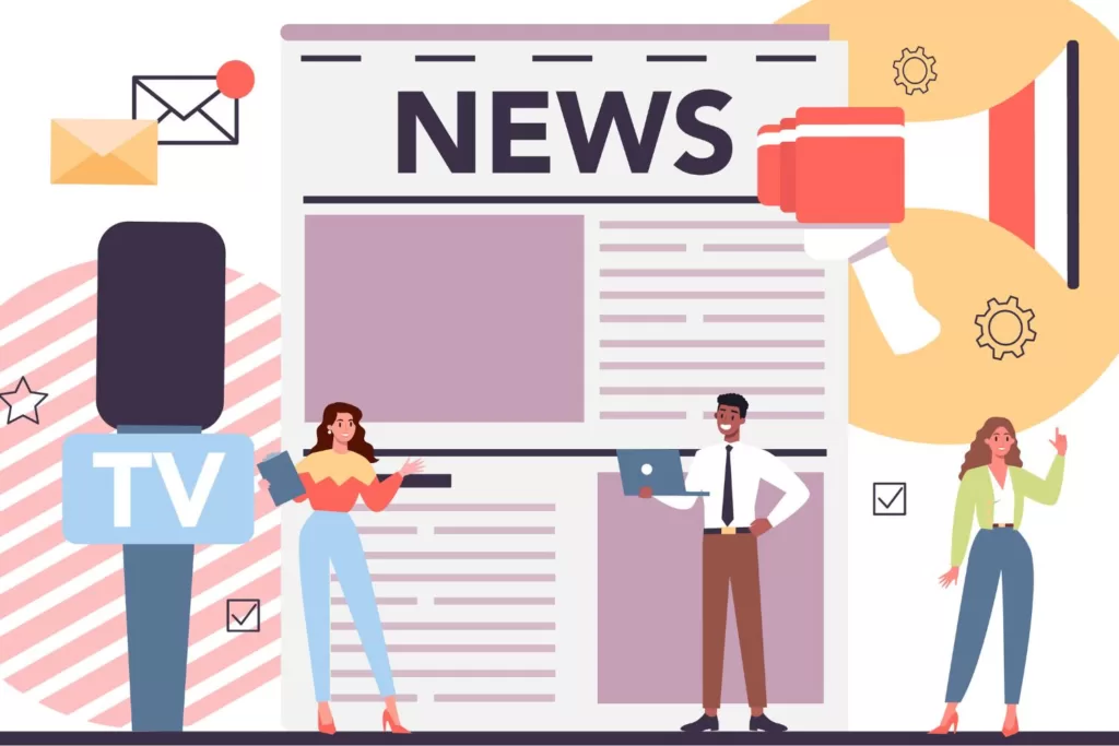 Illustration of people around a news announcement with a microphone, speakerphone, and message icons