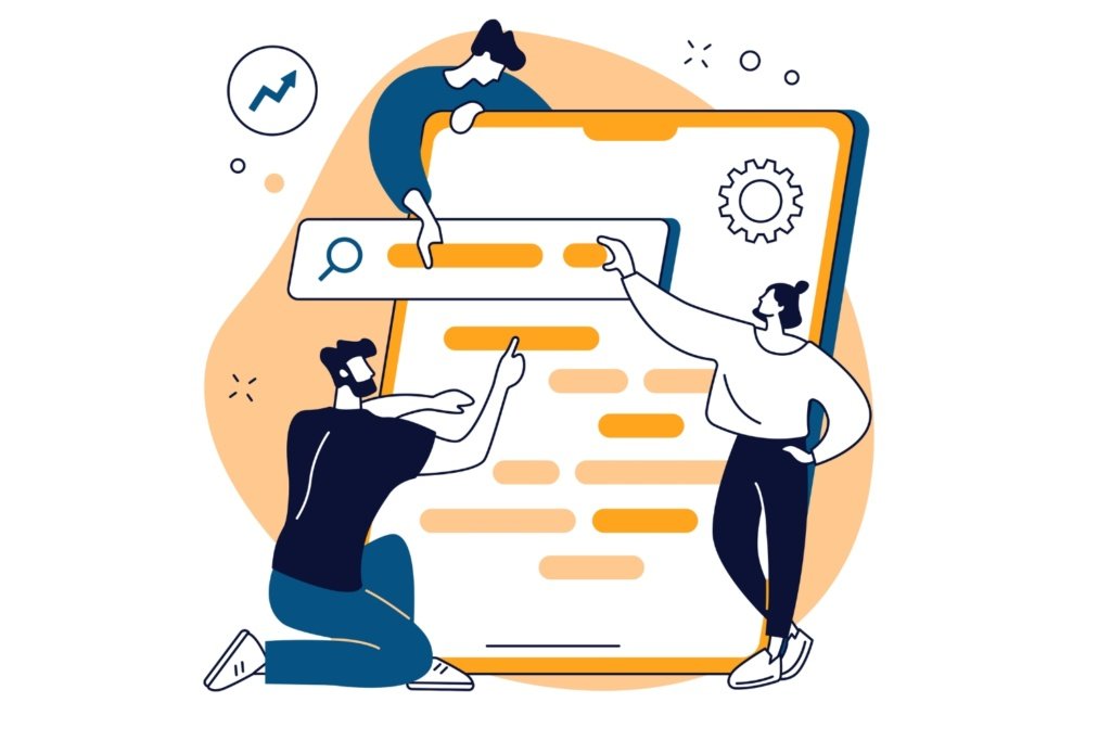Graphic of three people working on SEO on a large tablet