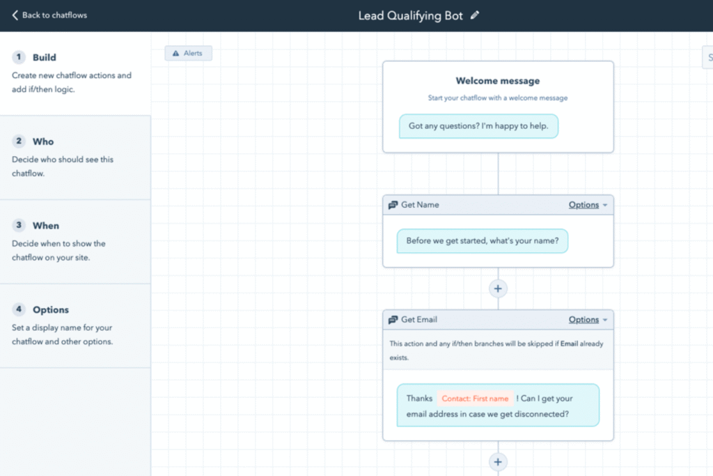 Screenshot of HubSpot's website chatbot lead generation conversation wireframe