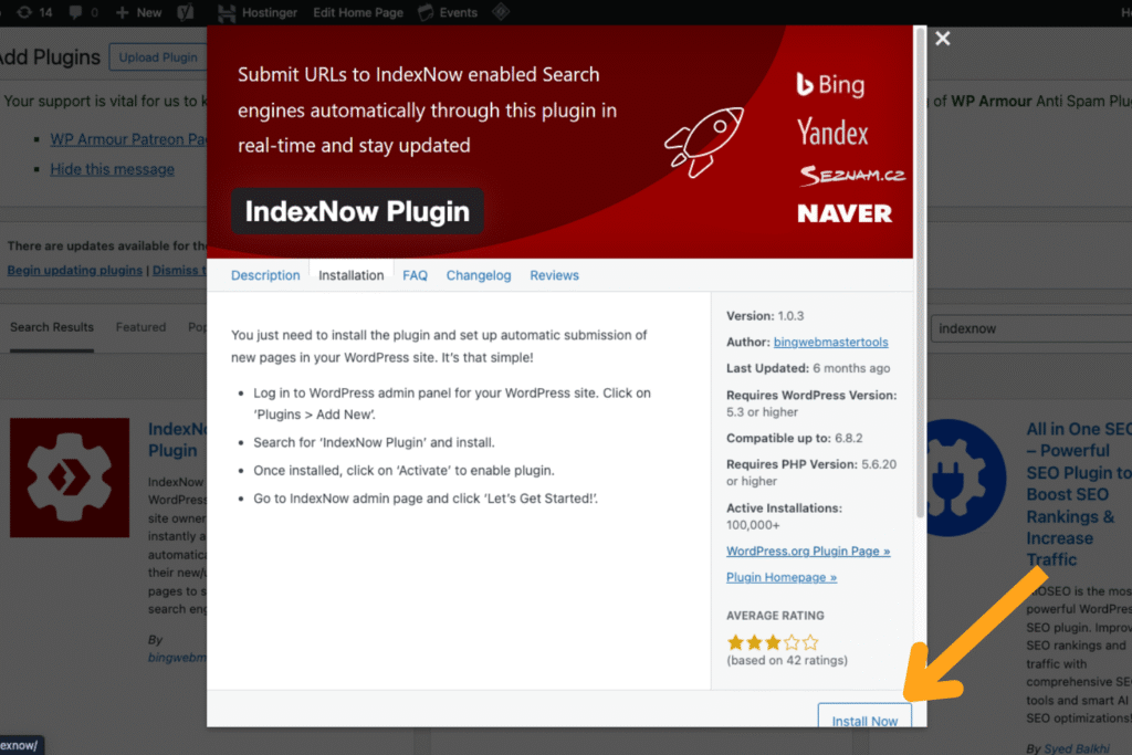 A screenshot of the WordPress IndexNow plugin in the CMS dashboard with a yellow arrow pointing to the Install Now button