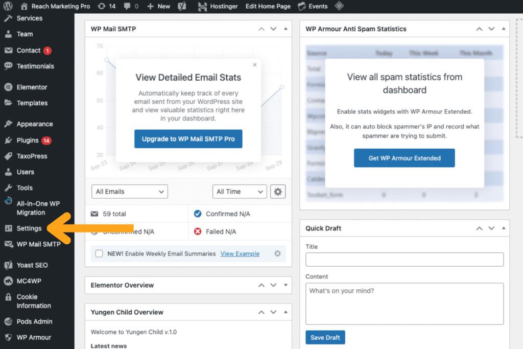A screenshot of the WordPress CMS dashboard with a yellow arrow pointing to the Settings section on the menu
