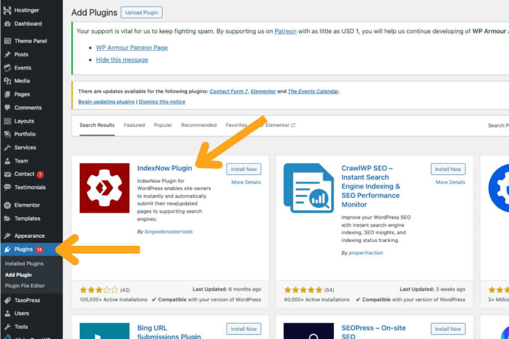A screenshot of the WordPress CMS plugin directory with two yellow arrows pointing to the Plugins menu section and the IndexNow API for installation
