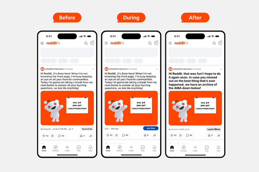 Screenshot of three Reddit Ask Me Anything mobile ads before, during, and after the live event