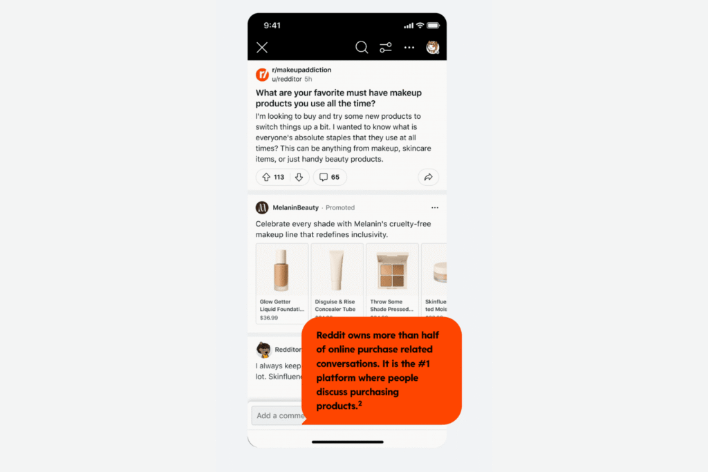 A screenshot of a Reddit Dynamic Product Ad on mobile for Melanin Beauty product recommendations with a Reddit metric blurb