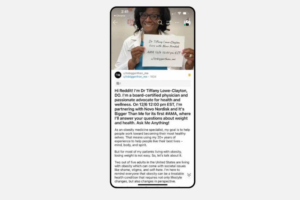 A screenshot of a Reddit Profile Ask Me Anything mobile ad of a weight and health physician